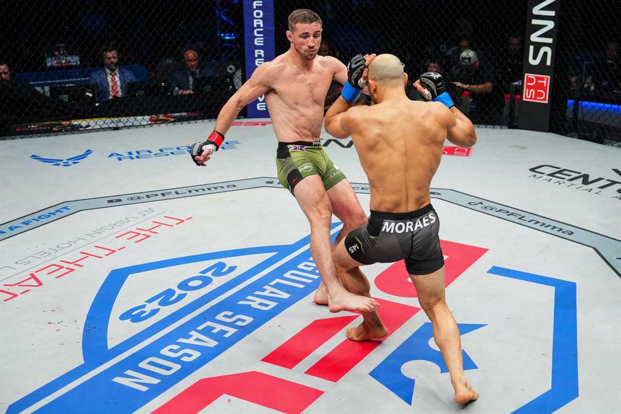 Marlos Moraes, British MMA fighter, is unable to stand following brutal leg kicks in a PFL win.