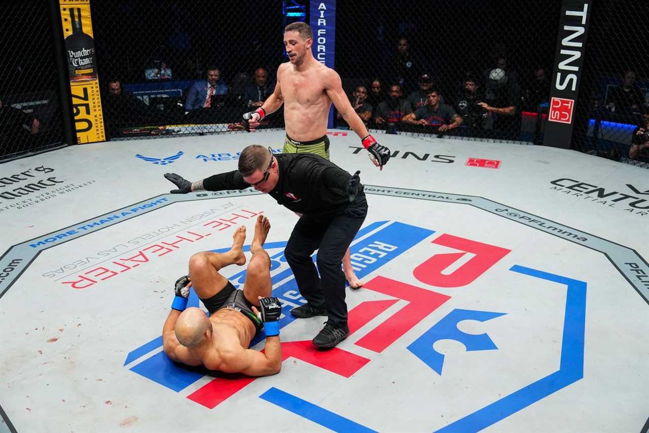 Marlos Moraes, British MMA fighter, is unable to stand following brutal leg kicks in a PFL win.