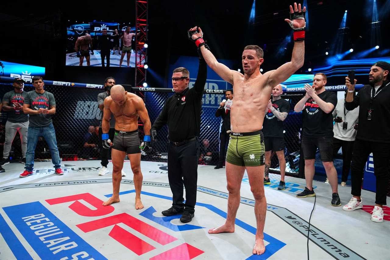 Marlos Moraes, British MMA fighter, is unable to stand following brutal leg kicks in a PFL win.