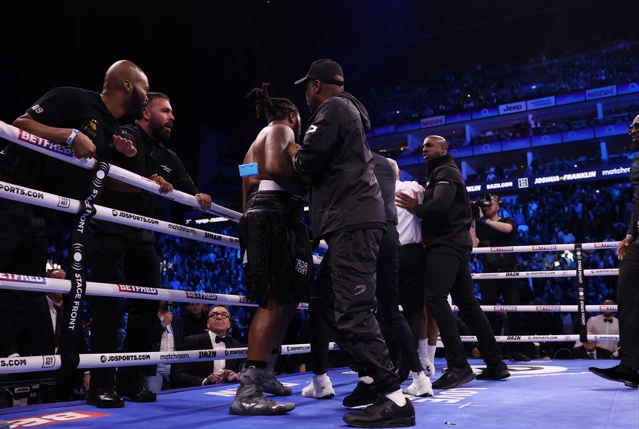 Chaos after Anthony Joshua and Jermaine Frank fight, as both boxers rage and must be separated by security