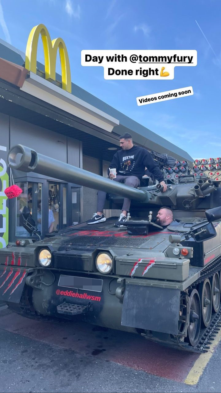 Tommy Fury and Eddie Hall, former World's Strongest Man, film TANK at McDonald's drive-thru.