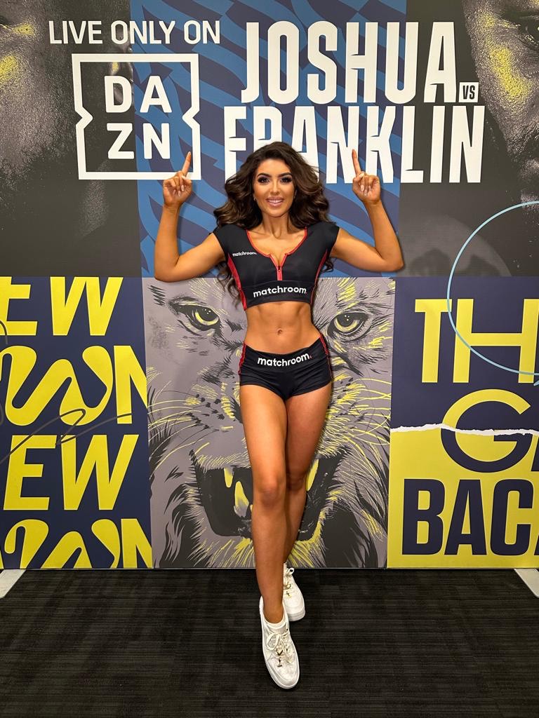 Ebanie bridges and Maya Jama pose together with the stunning Anthony Joshua ring girl ring girls, as they join Arsenal star for Franklin bout