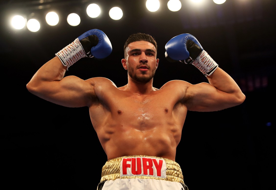 LEICESTER, ENGLAND - MARCH 23:  Tommy Fury of England celebrates his win against Callum Ide of England during the Light-Heavyweight contest fight at Morningside Arena on March 23, 2019 in Leicester, England. (Photo by Matthew Lewis/Getty Images)