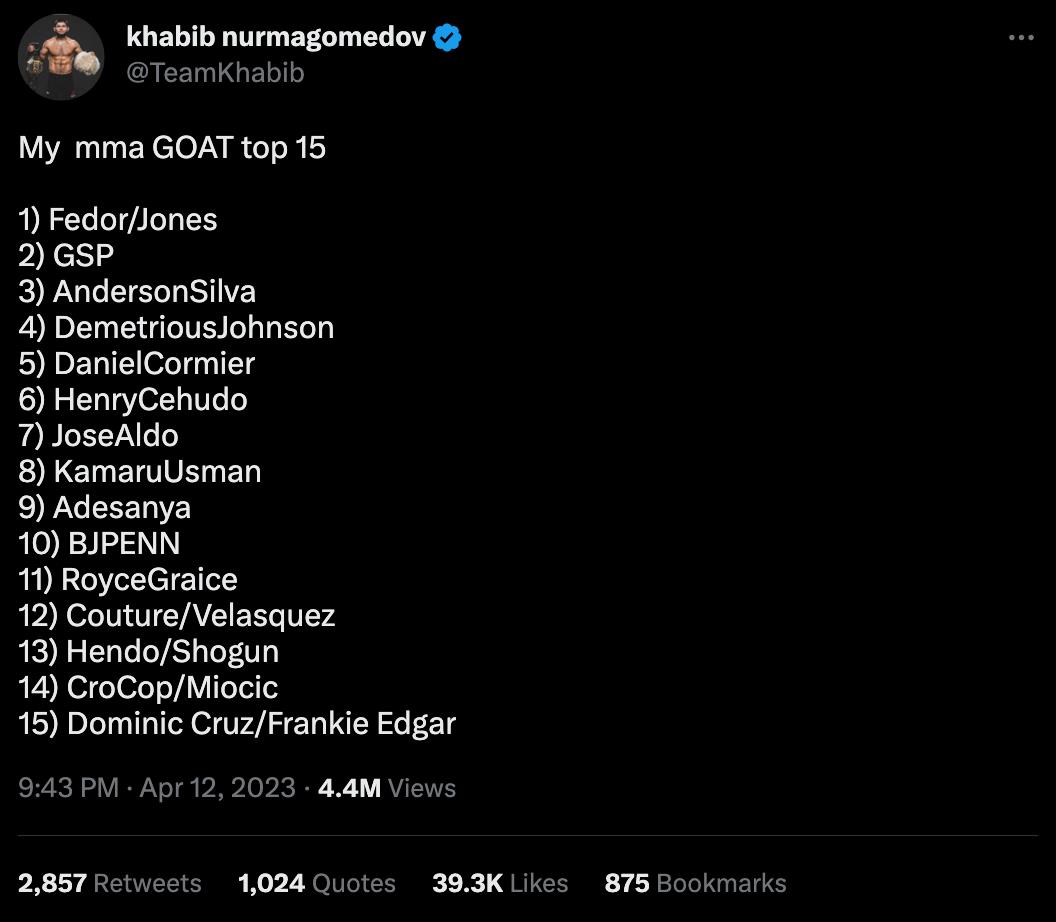 UFC legend Khabib snubs Conor McGregor, as he names his MMA GOAT top 15.