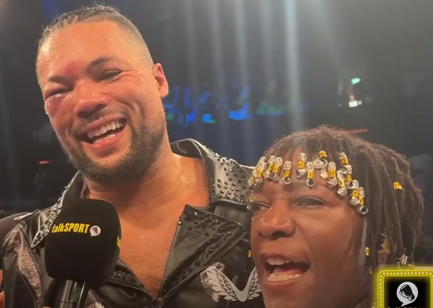 Joe Joyce calms his angry mother after she interrupts the post-fight interview