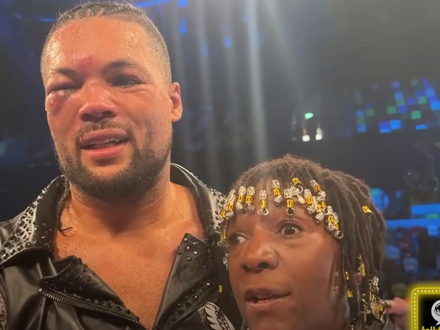 Joe Joyce calms his angry mother after she interrupts the post-fight interview