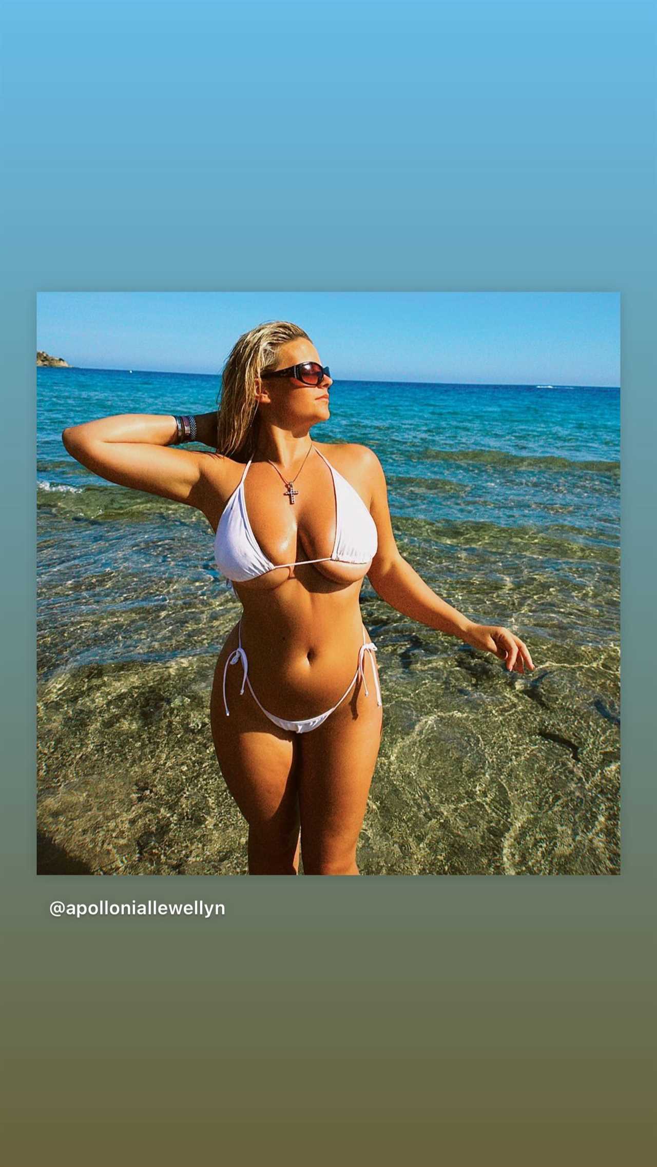Apollonia Lewellyn, a ring girl with a serious sideboob, relaxes in a halterneck bikini.