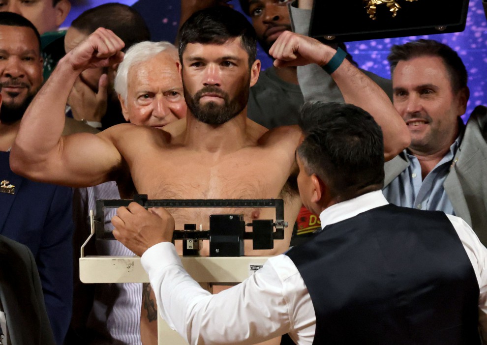 British boxer John Ryder gestures during the weighing ceremony prior his fight against Mexican boxer Saul "Canelo" Alvarez for the WBA, WBC, IBF and WBO super middleweight titles in Guadalajara, Mexico on May 5, 2023. (Photo by ULISES RUIZ / AFP) (Photo by ULISES RUIZ/AFP via Getty Images)