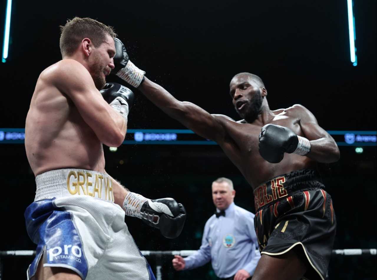 BOXXER Fight Night AO Arena, Manchester Pic Richard Pelham. 25.03.2023 Lawrence Okolie v David Light WBO World Cruiserweight Title David Light, Lawrence Okolie