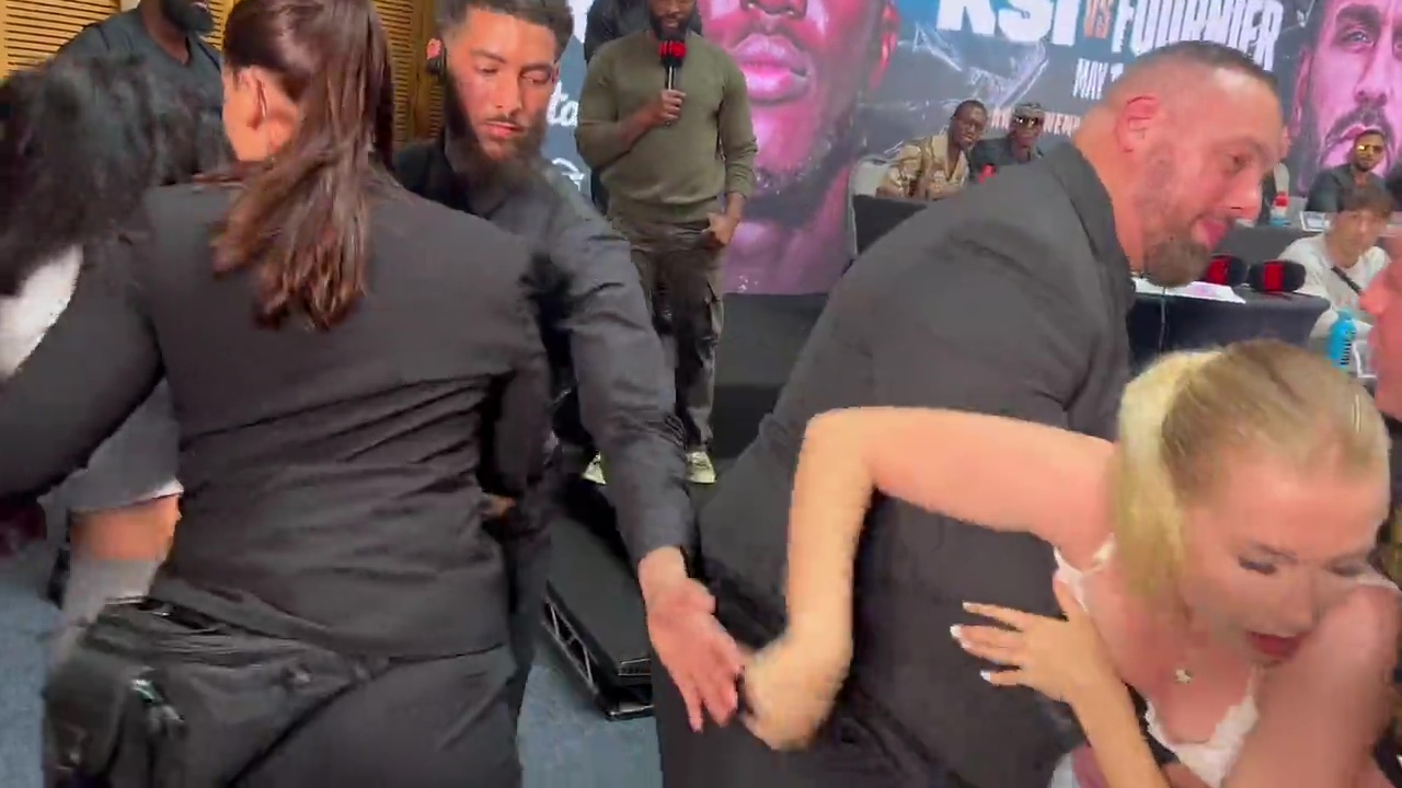 OnlyFans star Astrid Wett narrowly avoids wardrobe malfunction as she’s attacked at KSI press conference in shock brawl
