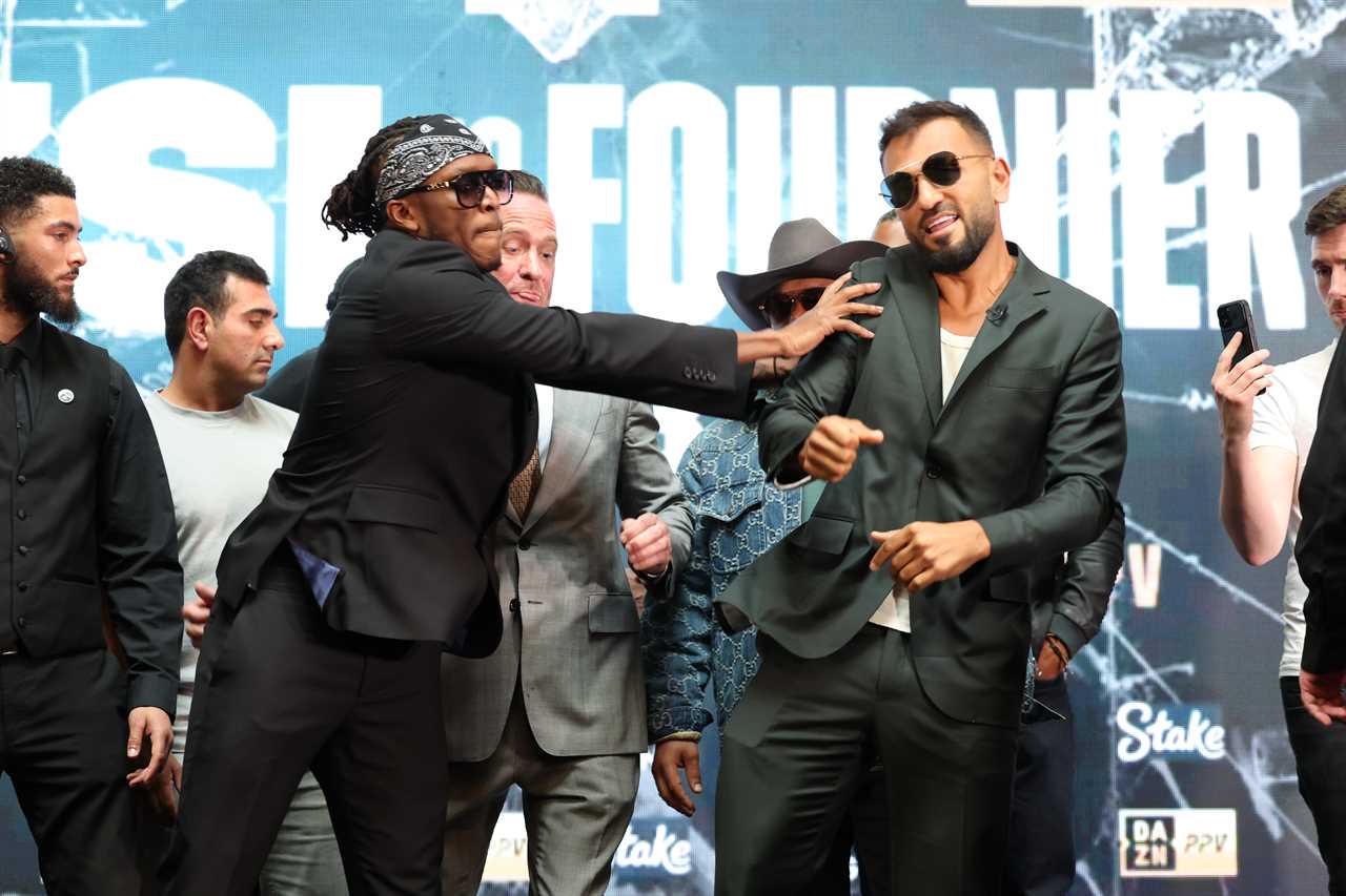 Watch KSI SHOVE Joe Fournier face-off degenerate into chaos as security is forced to step up ahead of the boxing match