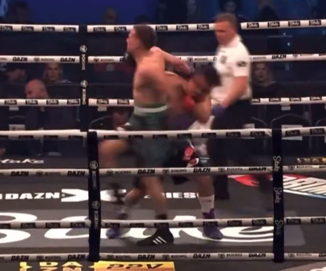 Watch the shocking moment when YouTuber Zuckles hit Halal Ham on KSI's undercard with an illegal move and was deducted points