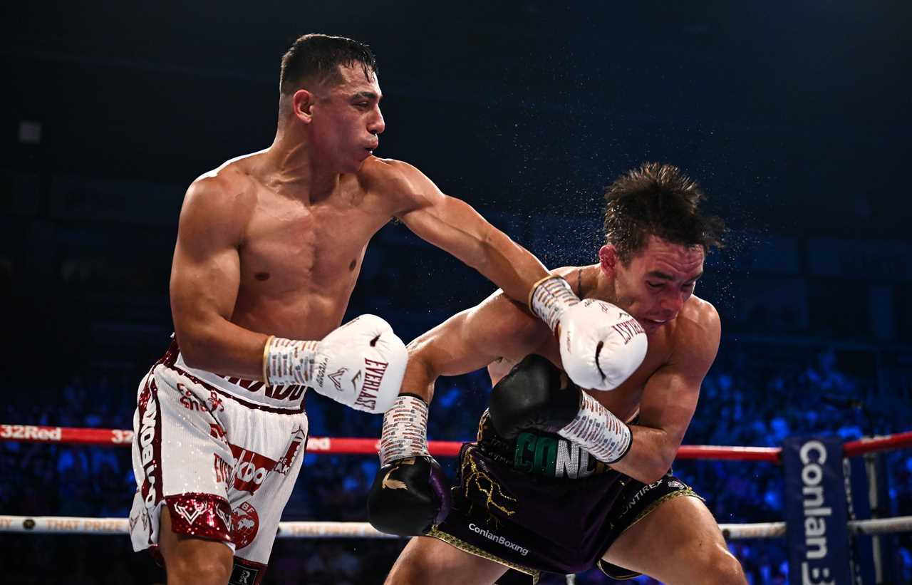 27 May 2023; Michael Conlan, right, in action against Luis Alberto Lopez during their IBF Featherweight World Title bout at the SSE Arena in Belfast. Photo by Ramsey Cardy/Sportsfile
