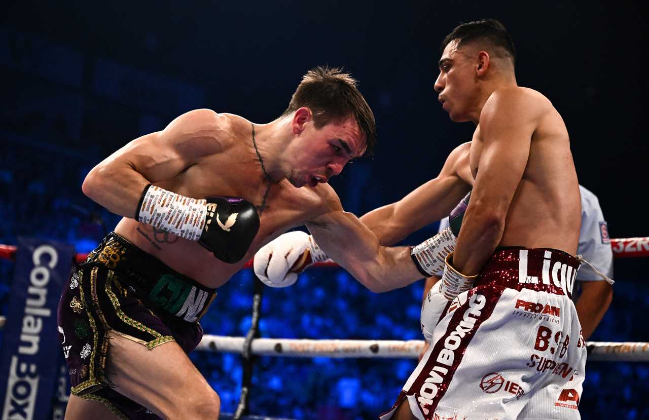 27 May 2023; Michael Conlan, left, in action against Luis Alberto Lopez during their IBF Featherweight World Title bout at the SSE Arena in Belfast. Photo by Ramsey Cardy/Sportsfile