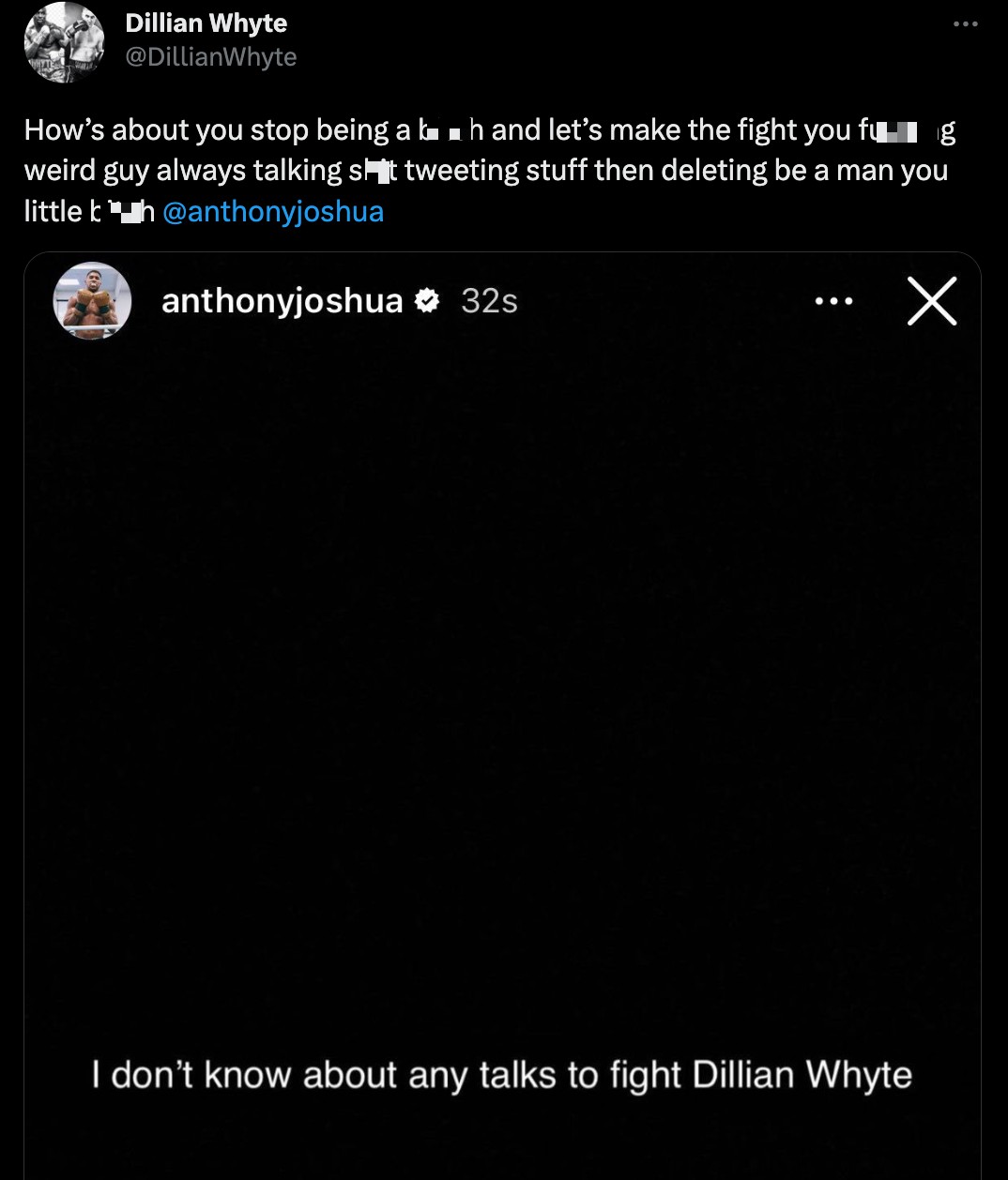 Dillian Whyte calls Anthony Joshua a b***h over shocking X rated rant, as Brit rival demands rematch