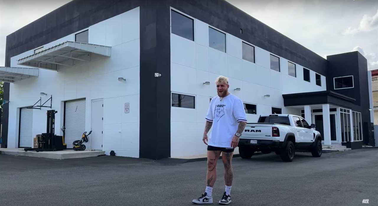 The two-story warehouse gym of Jake and Logan Paul in Puerto Rico, built for $4 million with a boxing ring and weights.