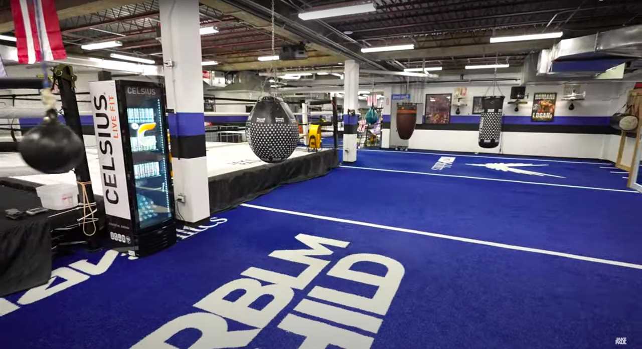 The two-story warehouse gym of Jake and Logan Paul in Puerto Rico, built for $4 million with a boxing ring and weights.