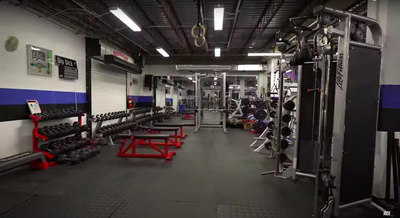 The two-story warehouse gym of Jake and Logan Paul in Puerto Rico, built for $4 million with a boxing ring and weights.