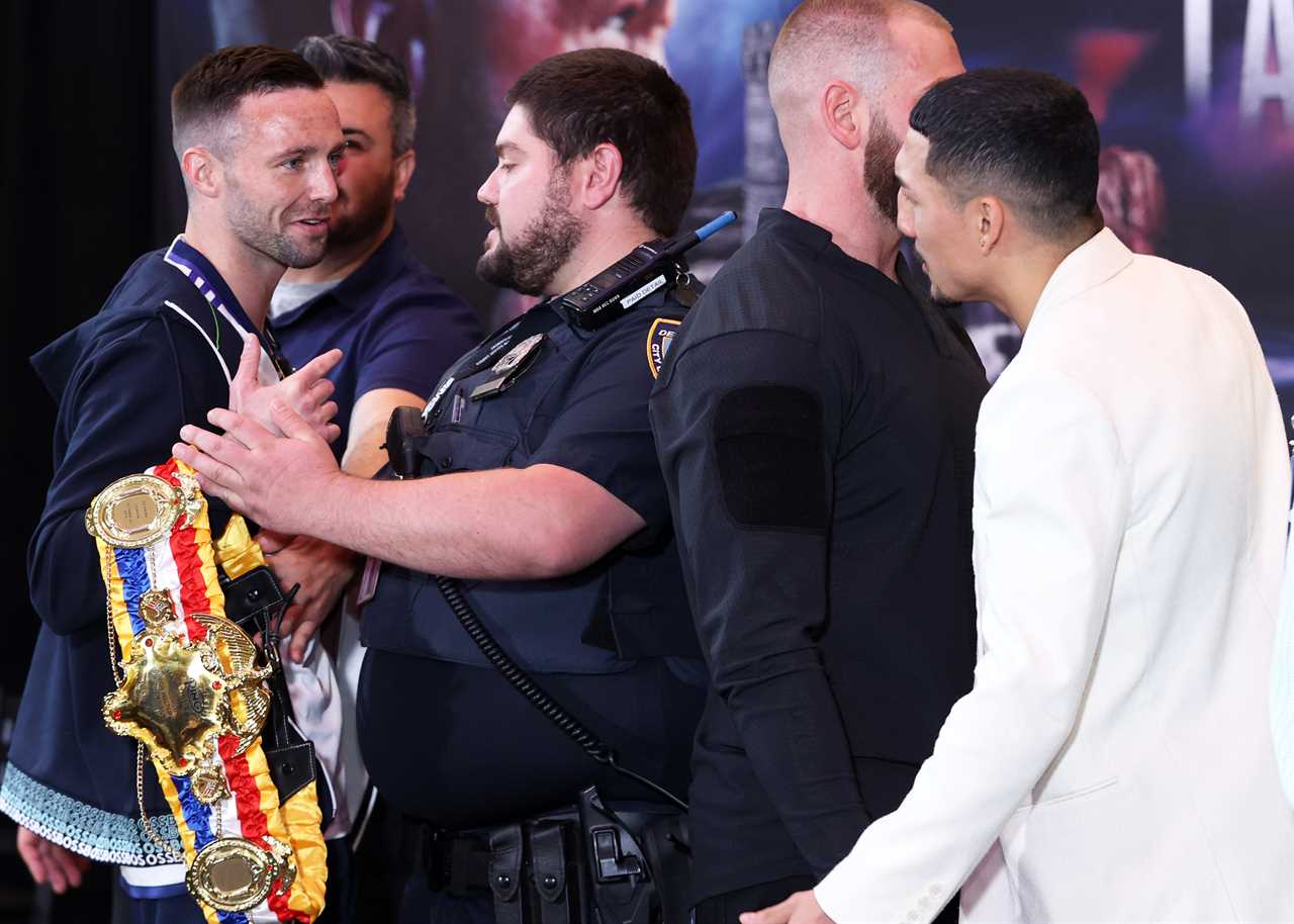 Police forcefully hold Josh Taylor back during Teofimo's standoff as he calls his super-lightweight opponent a CLOWN