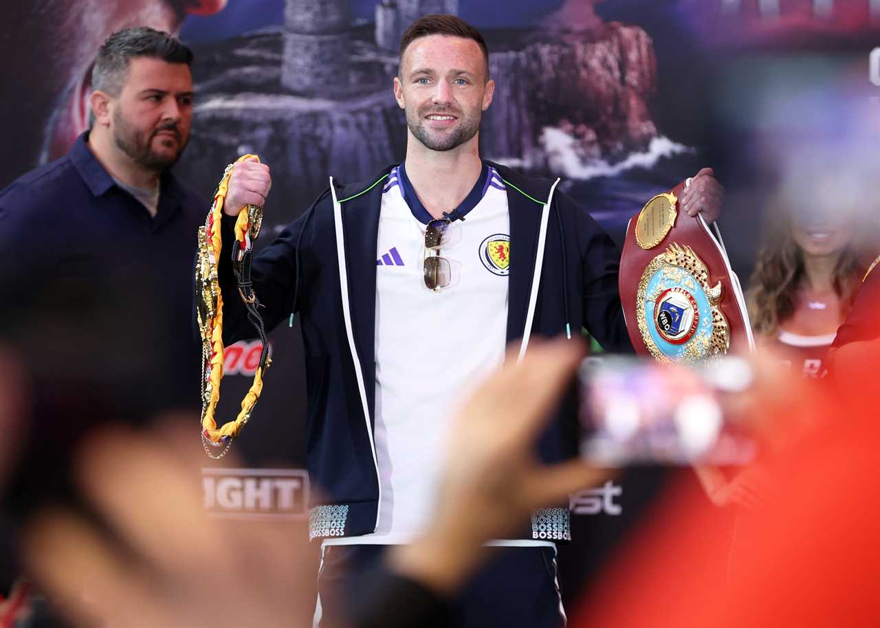 Police forcefully hold Josh Taylor back during Teofimo's standoff as he calls his super-lightweight opponent a CLOWN