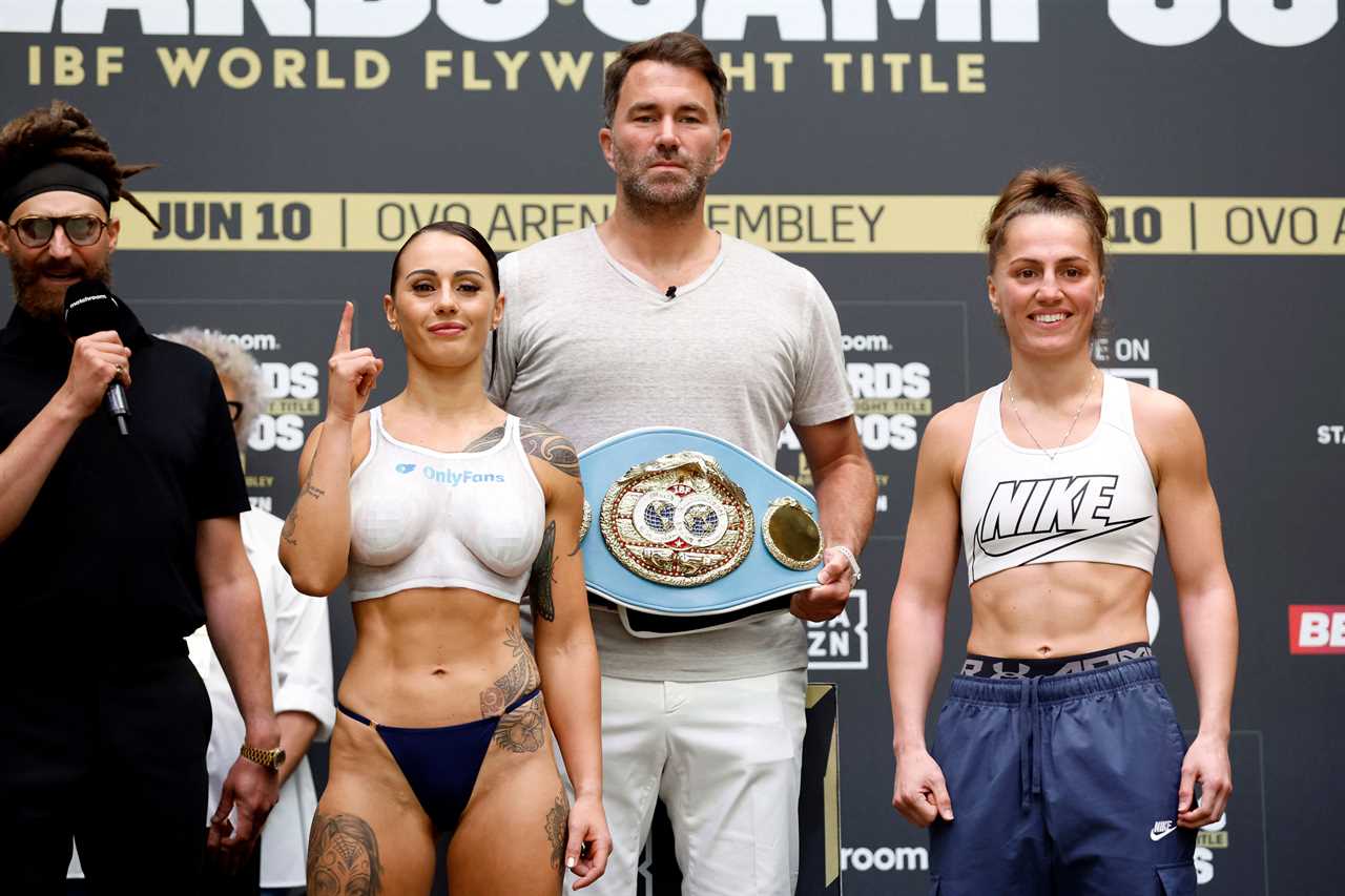 Ebanie bridges is in stitches at Eddie Hearn's desperate attempt to avoid staring at the topless OnlyFans fight at weigh-in