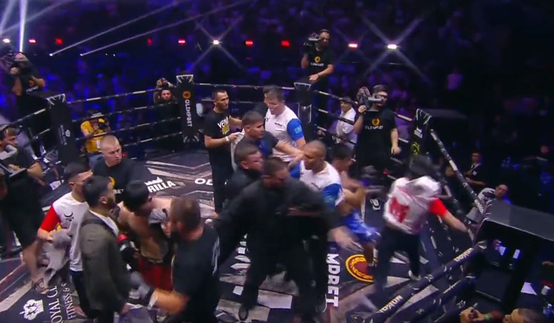 After MMA match, two teams start a shocking brawl. They throw punches and kicks.