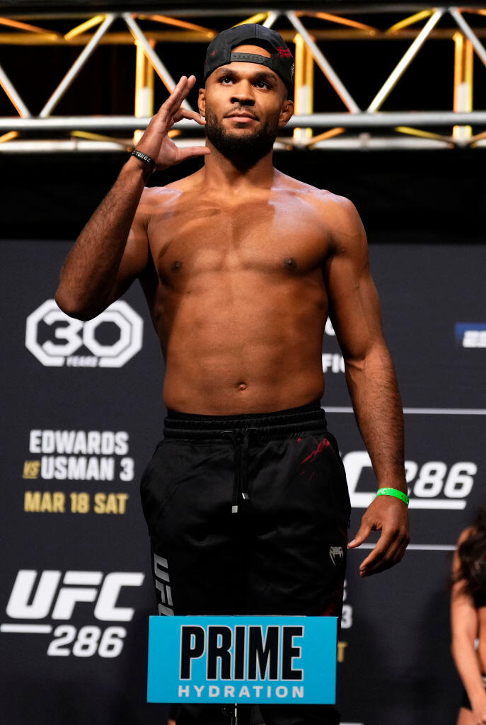 LONDON, ENGLAND - MARCH 17: Christian Duncan of England poses on the scale during the UFC 286 ceremonial weigh-in at The O2 Arena on March 17, 2023 in London, England. (Photo by Jeff Bottari/Zuffa LLC via Getty Images)