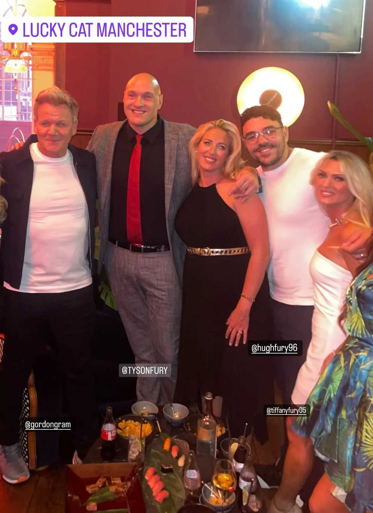 Tyson Fury, his wife Paris and Gordon Ramsay's daughter arrive with a sports star boyfriend to the restaurant launch.