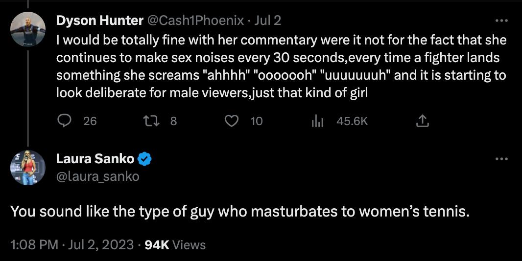 UFC commentator Laura Sanko slaps troll down with X-rated response after she was accused by a troll of making'sex sounds' on live television