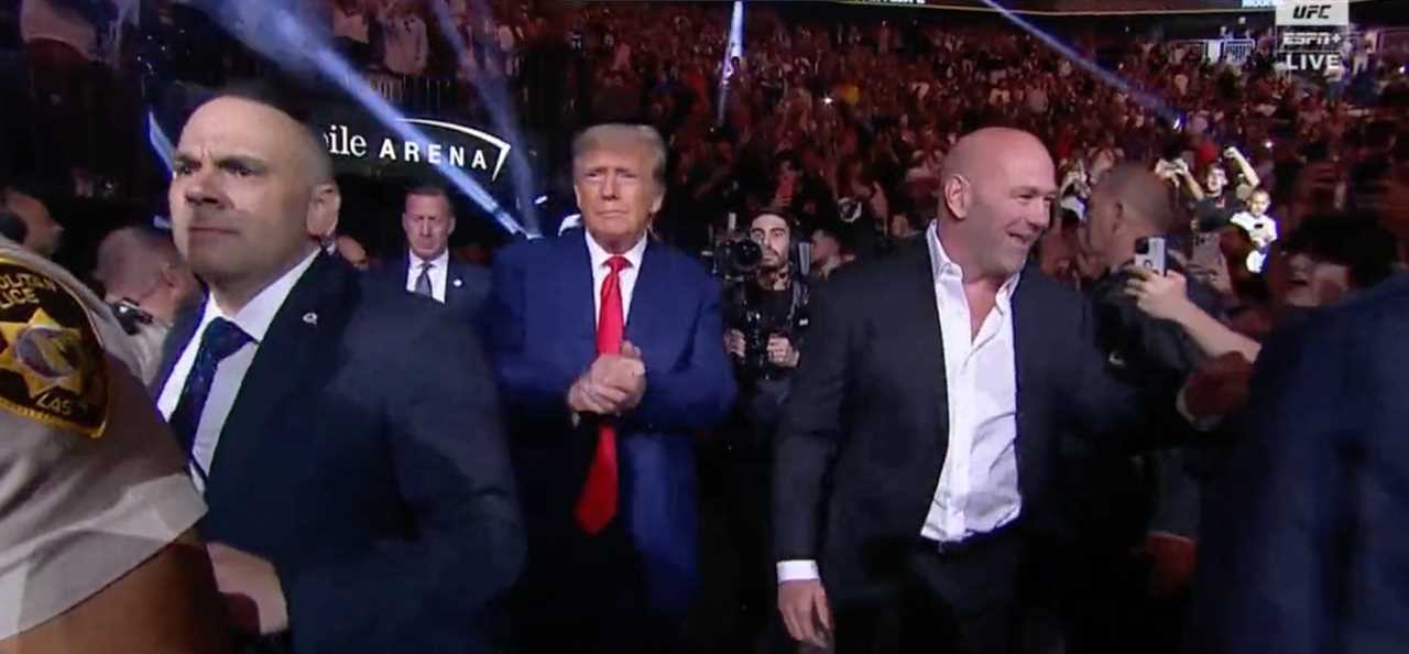 Donald Trump is greeted with wild cheers by MMA fans when he walks the UFC 290 Arena with Dana White