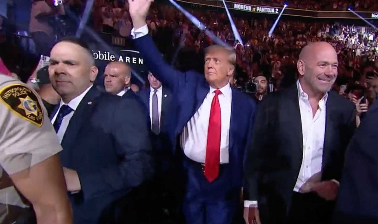 Donald Trump is greeted with wild cheers by MMA fans when he walks the UFC 290 Arena with Dana White