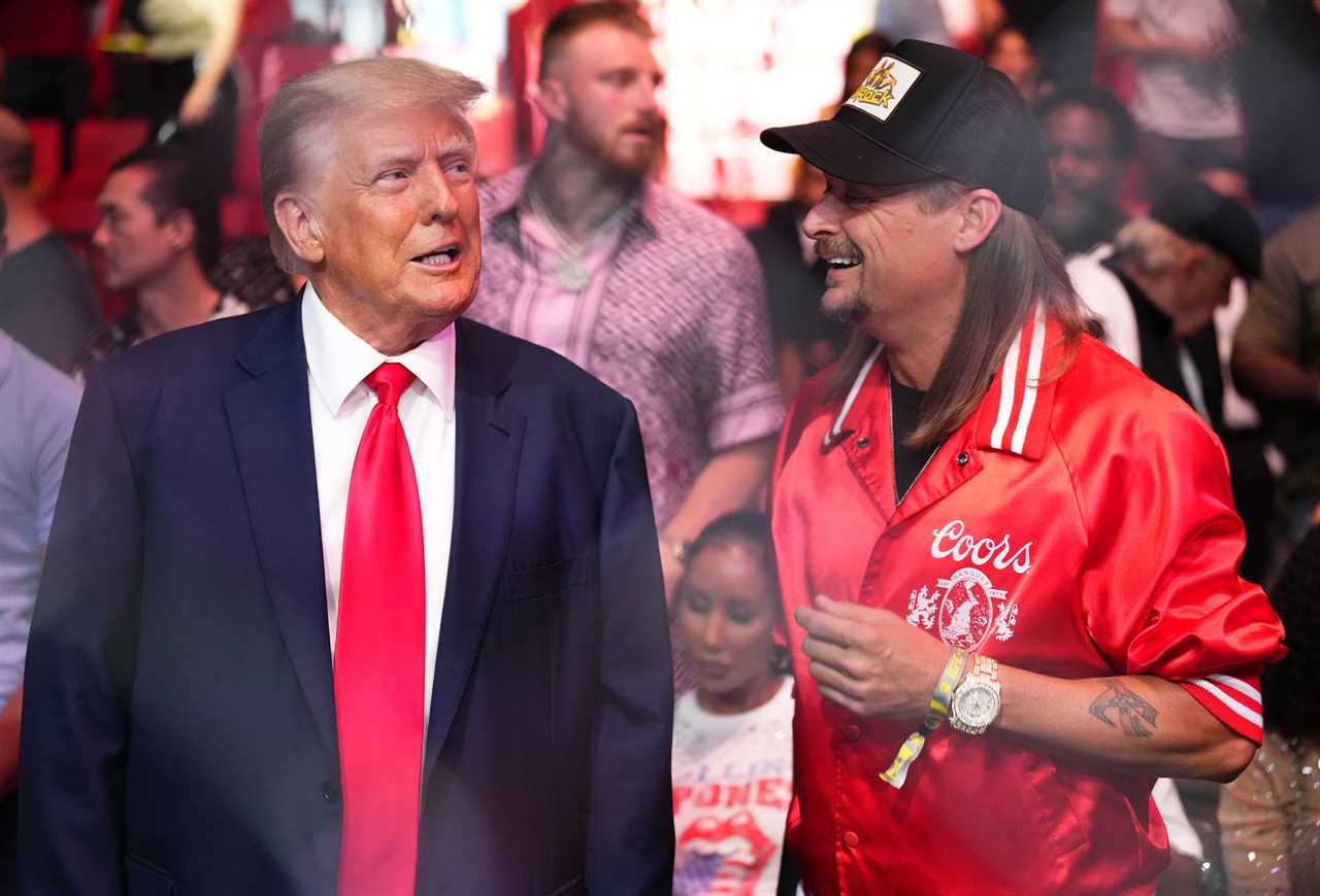 Donald Trump is greeted with wild cheers by MMA fans when he walks the UFC 290 Arena with Dana White