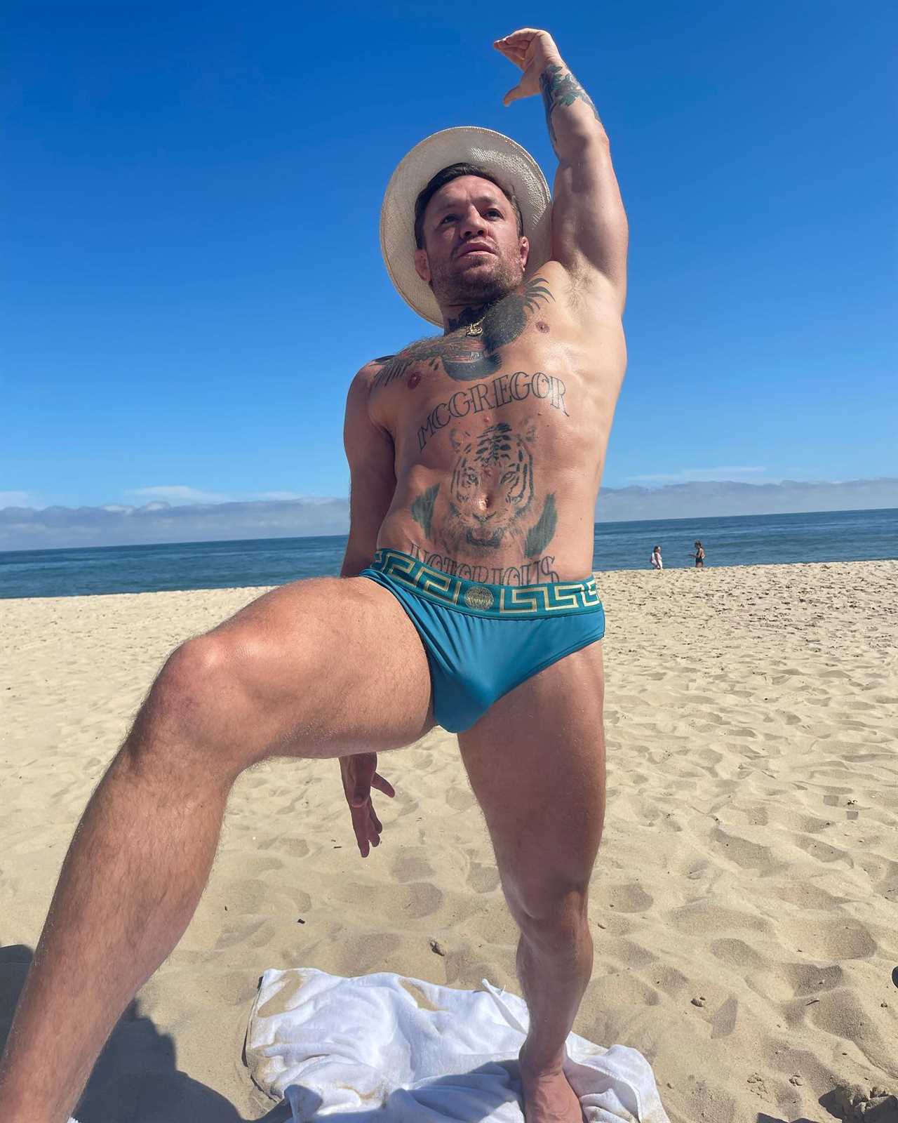 Conor McGregor stretches with his budgiesmugglers while UFC icon Dee Devlin, pregnant and her children hit the beach.