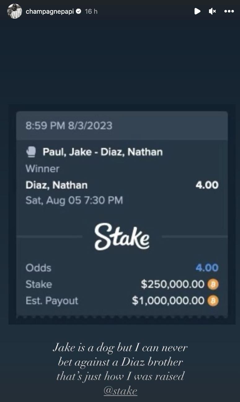 Jake Paul vows to scupper Drake's $250,000 bet on Nate Diaz during upcoming boxing match