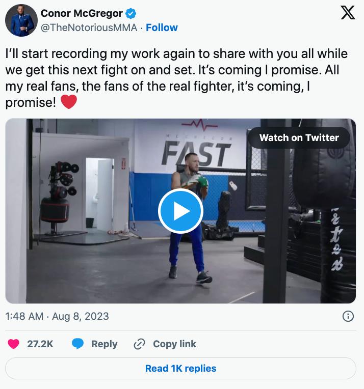 Conor McGregor teases announcement of Michael Chandler fight and UFC return date
