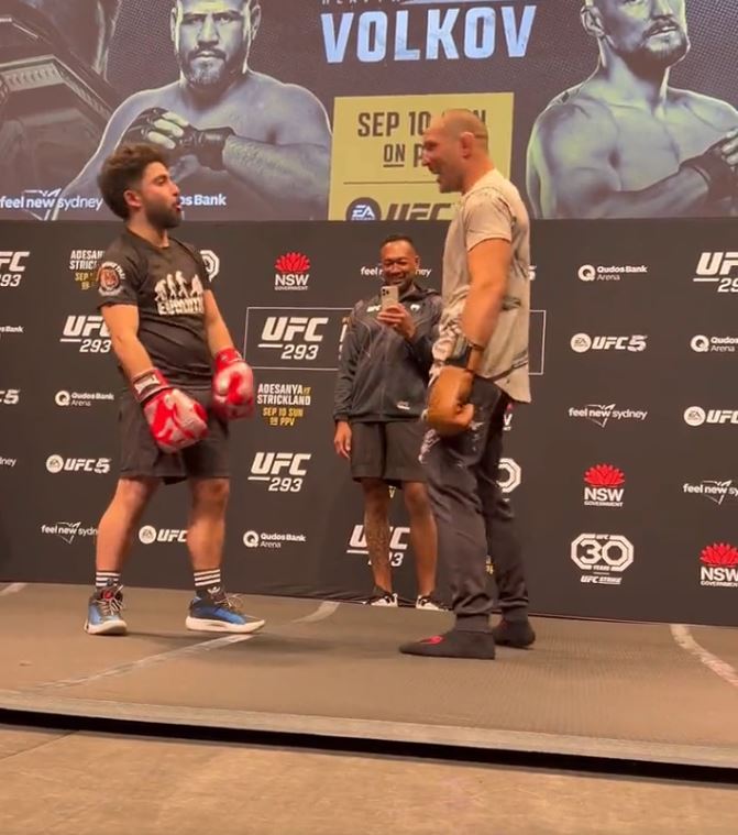UFC star Sean Strickland sparse with a fan before his title fight against Israel Adesanya
