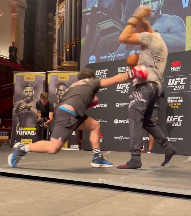 UFC star Sean Strickland sparse with a fan before his title fight against Israel Adesanya