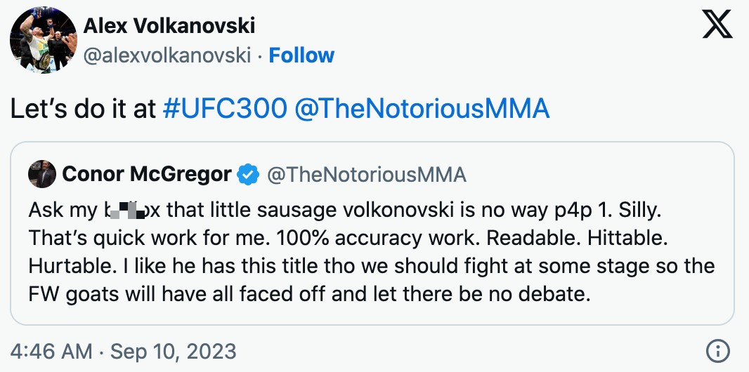 Conor McGregor receives a shock UFC 300 fight offer from Featherweight champ Alexander Volkanovski after Twitter tirade