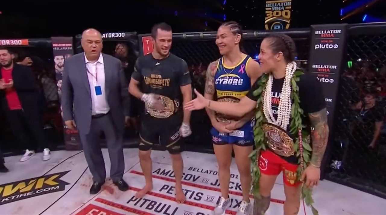 Usman Nurmagomedov awkward handshake with female fighter after Bellator 300
