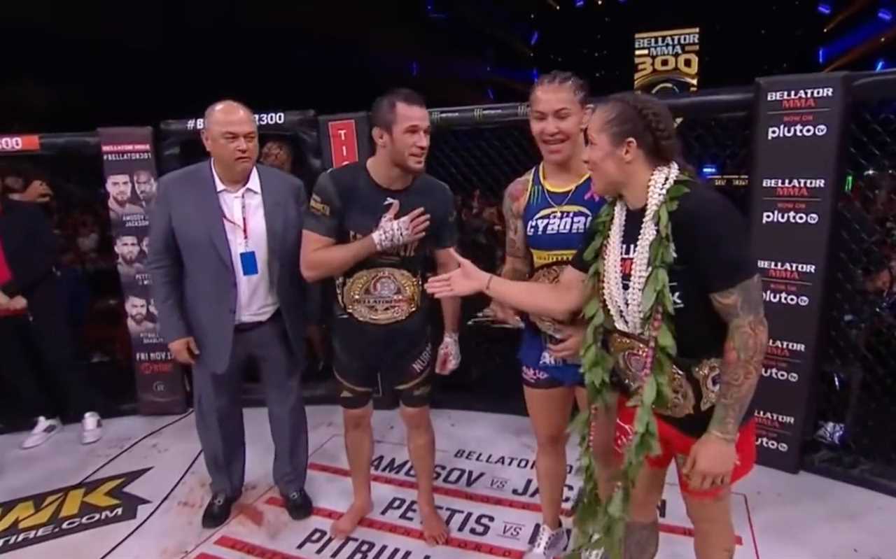 Usman Nurmagomedov awkward handshake with female fighter after Bellator 300