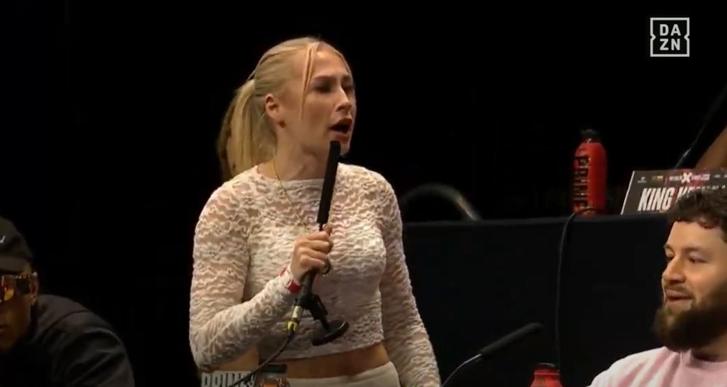 Watch Astrid Wett, a furious OnlyFans actress, confront her opponent at the KSI vs Tommy Fury Press Conference after an explicit altercation.