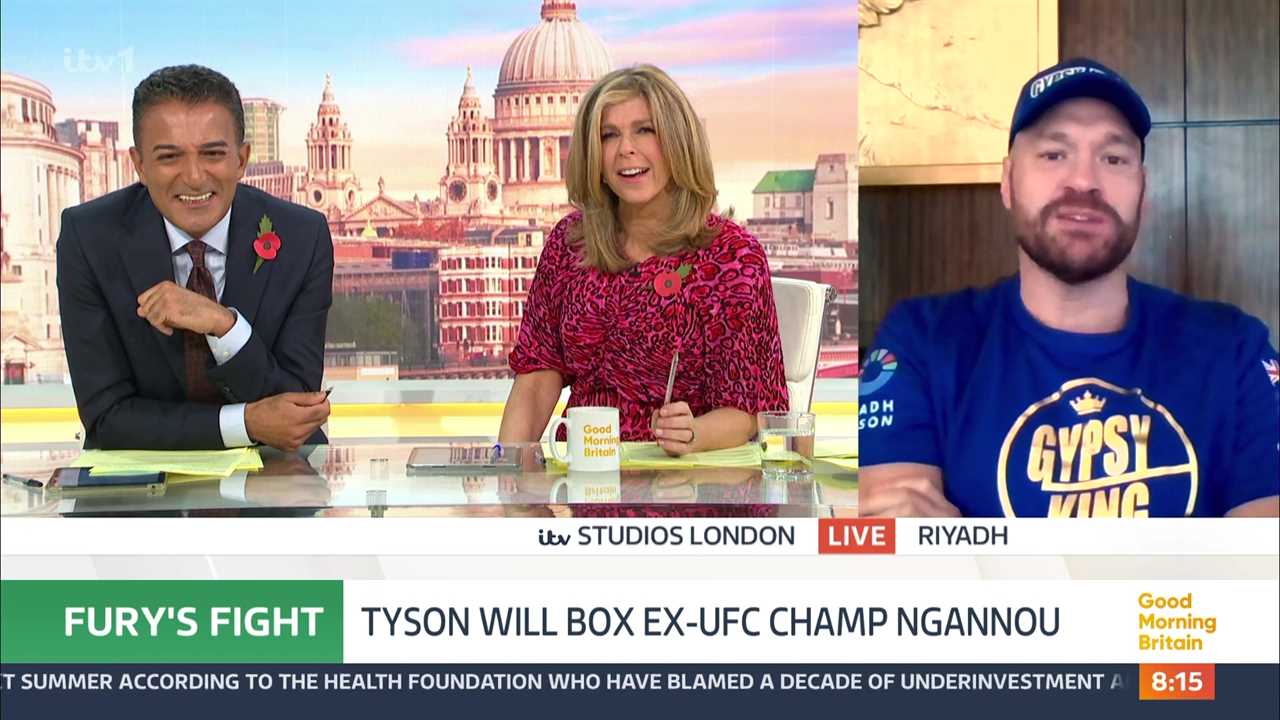 Kate Garraway is left in stitches after Tyson Fury's 'Lovehandles Chat' on GMB Live Ahead of Francis Ngannou's Fight