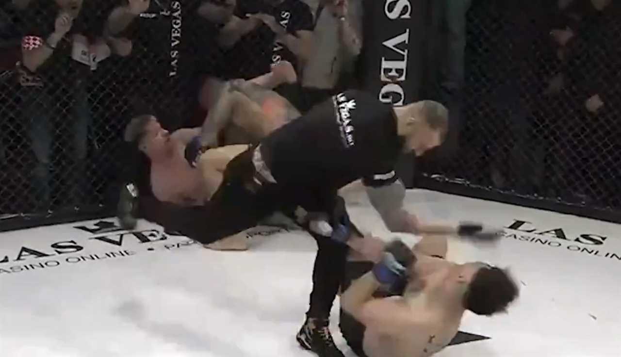 A 2v1 MMA fight in Romania ends in chaos as the referee knocks out one fighter for kicking his rival